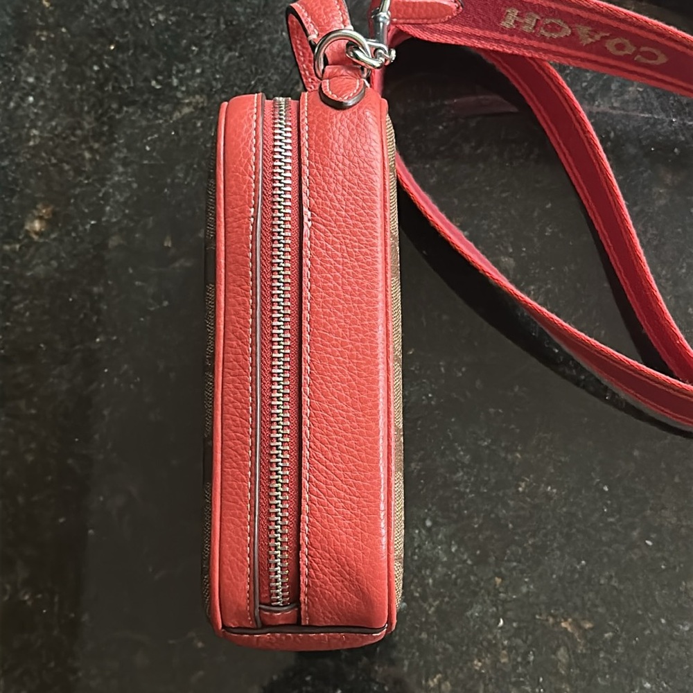 Coach Eva Phone Crossbody Bag Signature Canvas, Tan and Burnt Orange - Picture 3 of 7